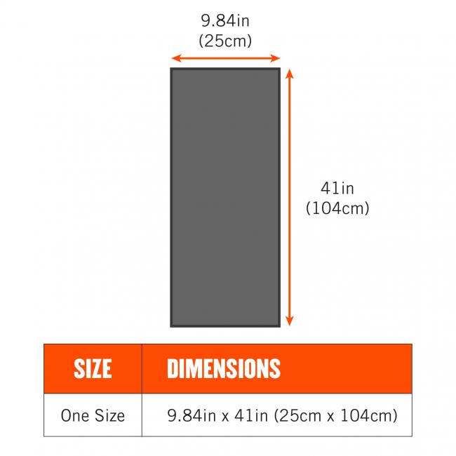 Size chart. Towel is one size. 9.84in x 41in (25cm x104cm)