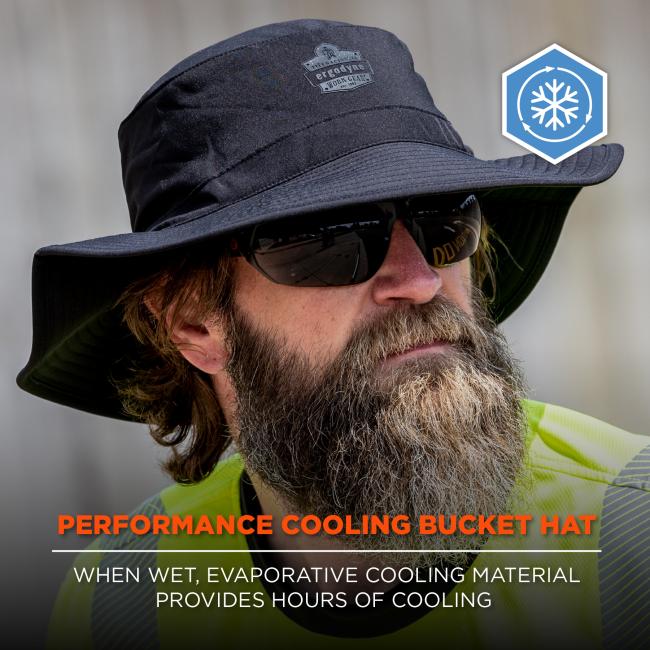Performance cooling bucket hat: when wet, evaporative cooling material provides hours of cooling.