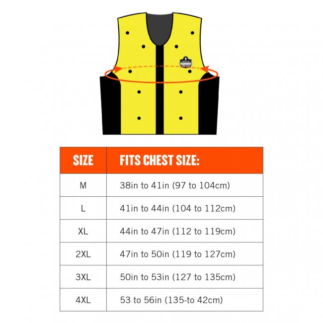 Size chart. Size M fits chest size: 38in to 41in (97 to 104cm). Size L fits chest size: 41in to 44in (104 to 112cm). Size XL fits chest size: 44in to 47in (112 to 119cm). Size 2XL fits chest size 47in to 50in (119 to 127cm). Size 3xl fits chest size: 50in to 53in (127 to 135cm). Size 4xl fits chest size: 53 to 56in (135 to 42cm)