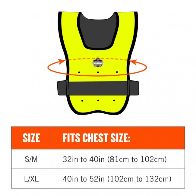 Size chart. Size S/m fits chest size: 32in to 40in (81cm to 102cm). Size L/XL fits chest size: 40in to 52in (102cm to 132cm)