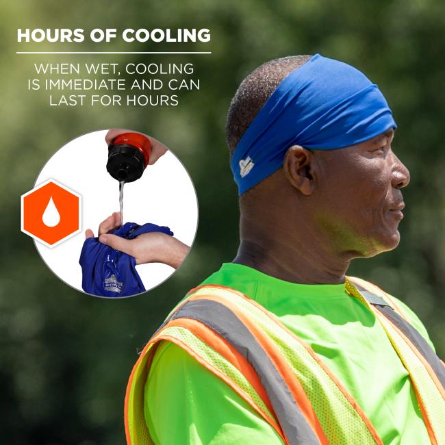 Hours of cooling: when wet, cooling is immediate and can last for hours. Image shows model wearing headband with cooling effect. Small image shows water bottle pouring water into product.