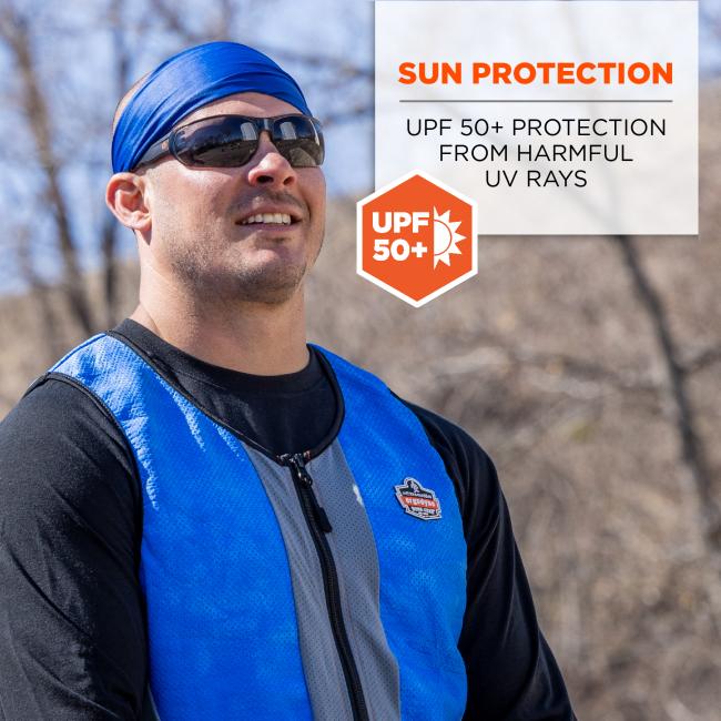Sun protection: UPF 50+ protection from harmful UV rays. Illustration shows sun rays bouncing off of head wrap.