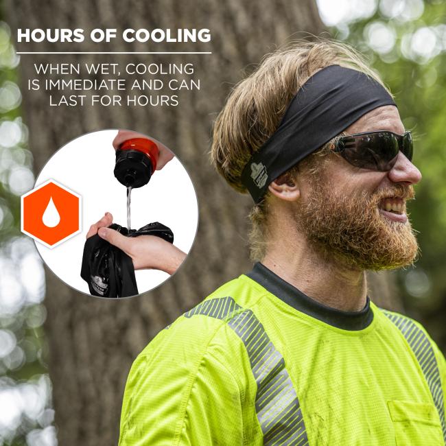 Hours of cooling: when wet, cooling is immediate and can last for hours. Image shows model wearing headband with cooling effect. Small image shows water bottle pouring water into product.