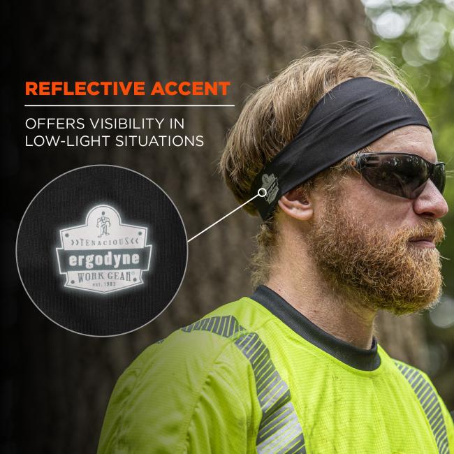 Reflective accent: offers visibility in low-light situations. Image shows reflective detailing on Ergodyne logo accent.