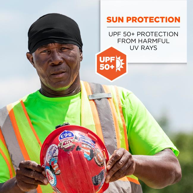 Sun protection: UPF 50+ protection from harmful UV rays. Illustration shows sun rays bouncing off of head wrap.