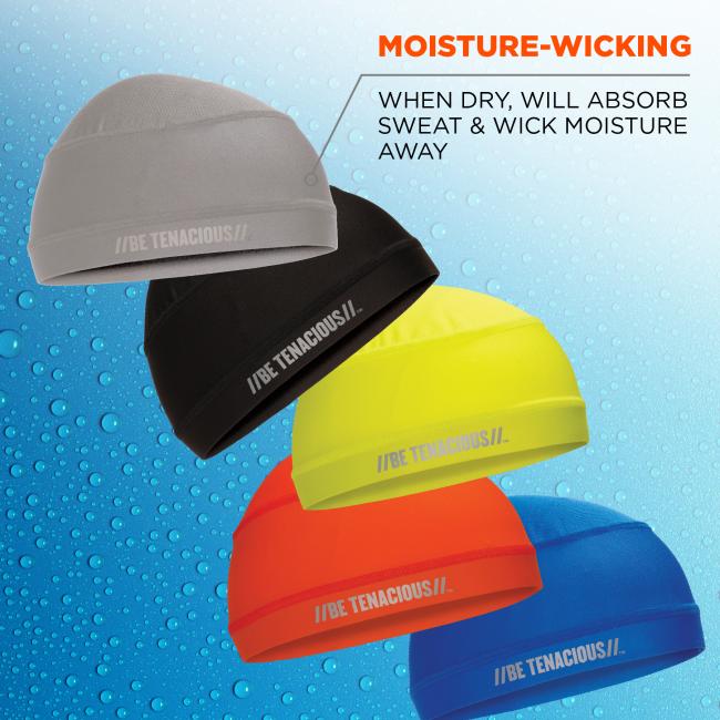 moisture-wicking: when dry, will absorb sweat and wick moisture away. Available in gray, black, lime, orange, and blue