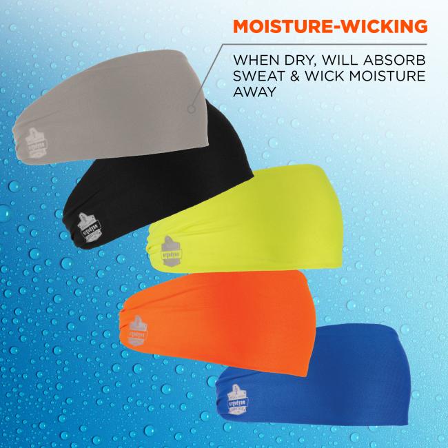 Moisture-wicking: when dry, will absorb sweat & wick moisture away. Gray, black, lime, orange and blue headbands over a wet background .