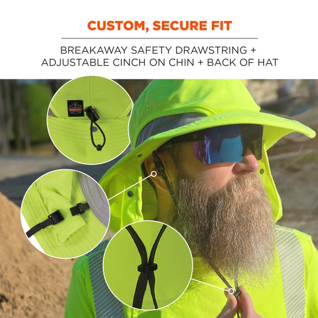Custom, secure fit: breakaway safety drawstring and adjustable cinch on chin and back of hat