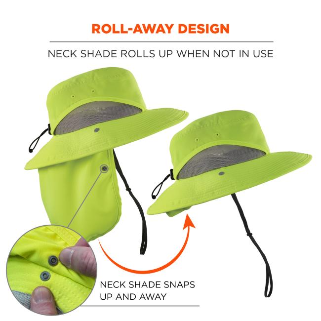 Roll-away design: neck shade rolls up when not in use. Neck shade snaps up and away