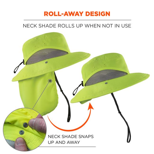 Roll-away design: neck shade rolls up when not in use. Neck shade snaps up and away