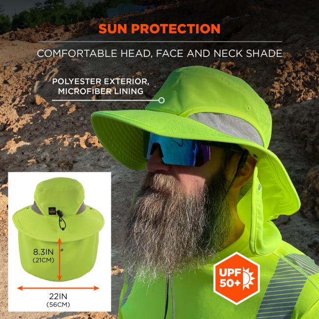 Sun protection: comfortable head, face, and neck shade. Polyester exterior & microfiber lining. Neck shade is 8.3 inches or 21cm tall as well as 22 inches or 56cm in width. UPF 50+ protection