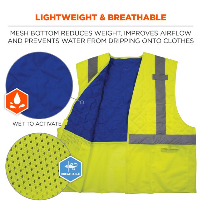 Lightweight and breathable. Mesh bottom reduces weight, improves airflow and prevents water from dripping onto clothes. Wet to activate, breathable.