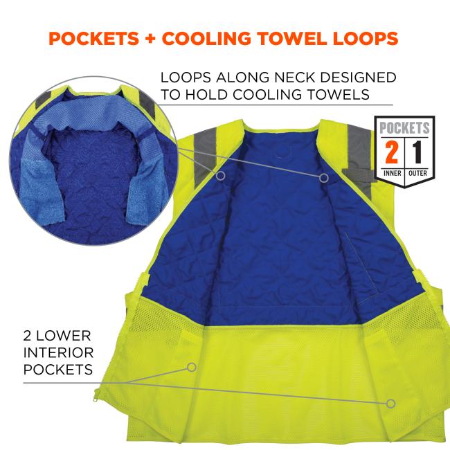 Pockets and cooling towel loops. Loops along neck designed to hold cooling towels. 2 inner and 1 outer pocket.