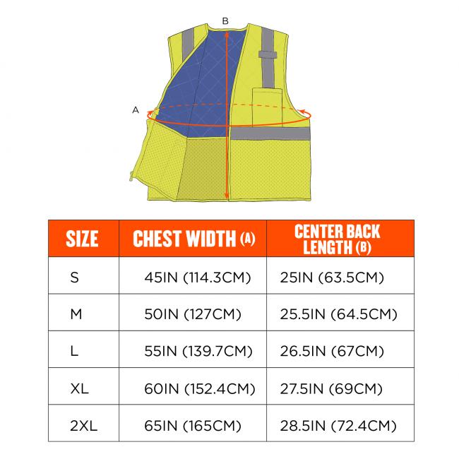 Size S Chest 45 inches center back length 25 inches Size M Chest 50 inches center back length 25.5 inches Size L Chest 55 inches center back length 26.5 inches Size XL Chest 60 inches center back length 27.5 inches Size 2XL Chest 65 inches center back length 28.5 inches