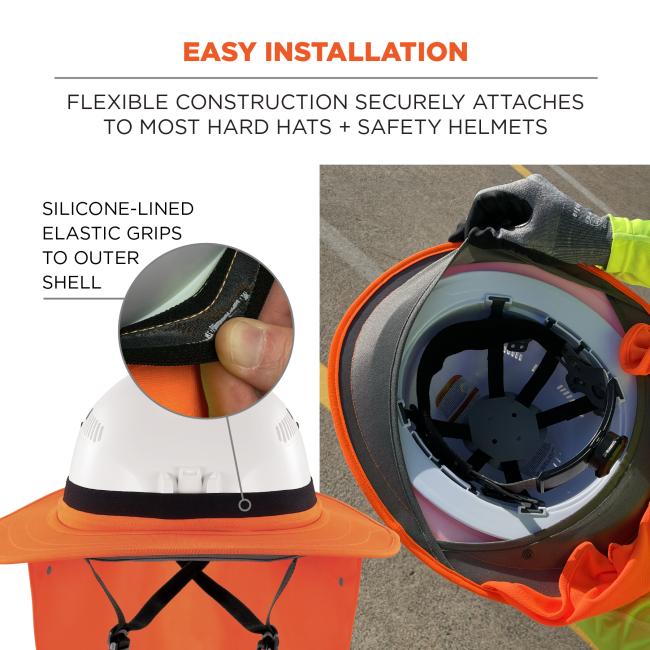 Easy installation: flexible construction securely attaches to most hard hats and safety helmets. Silicone-lined elastic grips to outer shell