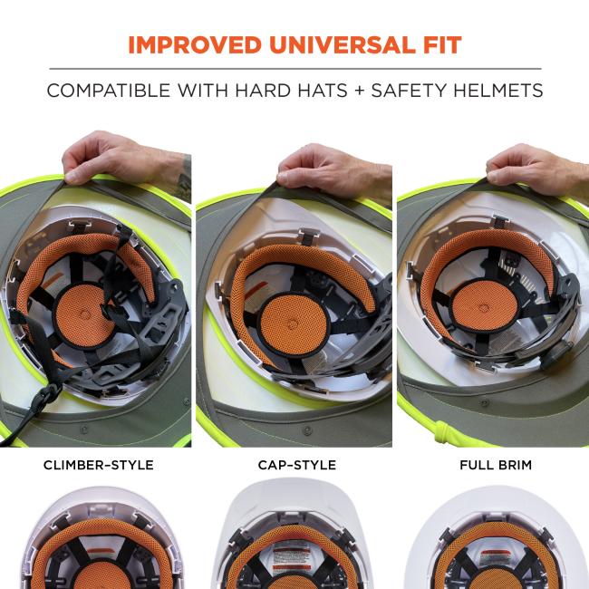 Improved universal fit: compatible with hard hats and safety helmets. Climber-style, cap-style and full brim