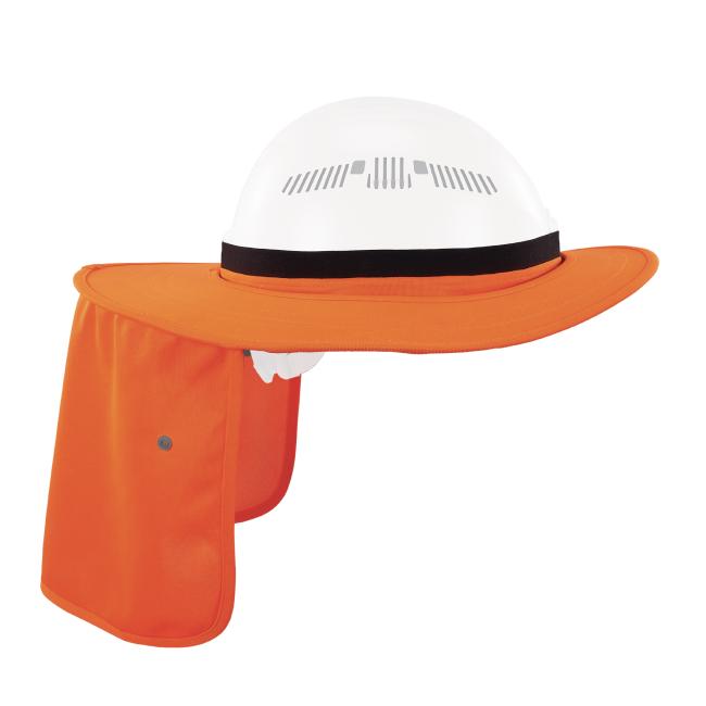 Side profile view of the orange universal hard hat brim with neck shade down and hard hat straps tucked in