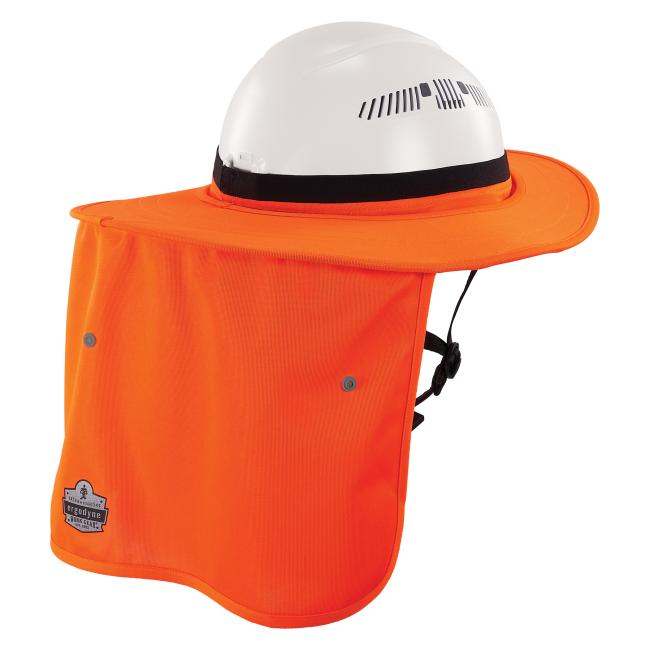 Rear 3q view of orange universal hard hat brim with neck shade down