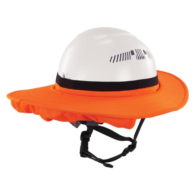 Rear 3q view of orange universal hard hat brim with neck shade rolled up