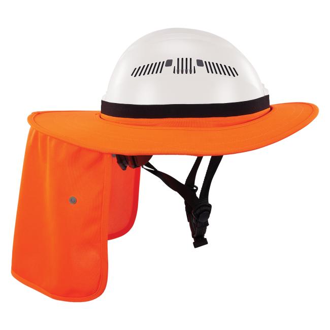 Side profile view of orange universal hard hat brim with neck shade down