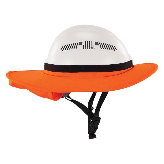 Side profile view of orange universal hard hat brim with neck shade rolled up