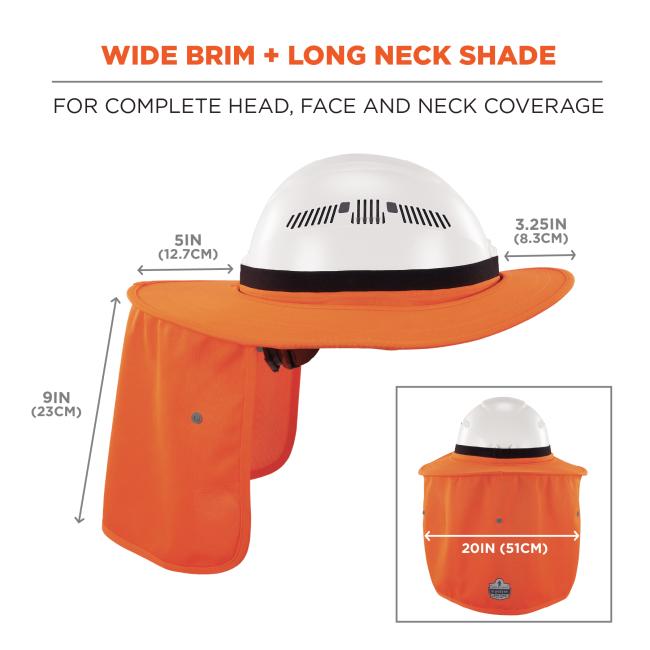 Wide brim and long neck shade: for complete head, face and neck coverage. Front side of brim is 3.25 inches or 8.3 cm long, back of brim is 5 inches or 12.7 cm. Neck shade is 9 inches or 23cm long, 20 inches or 51cm wide