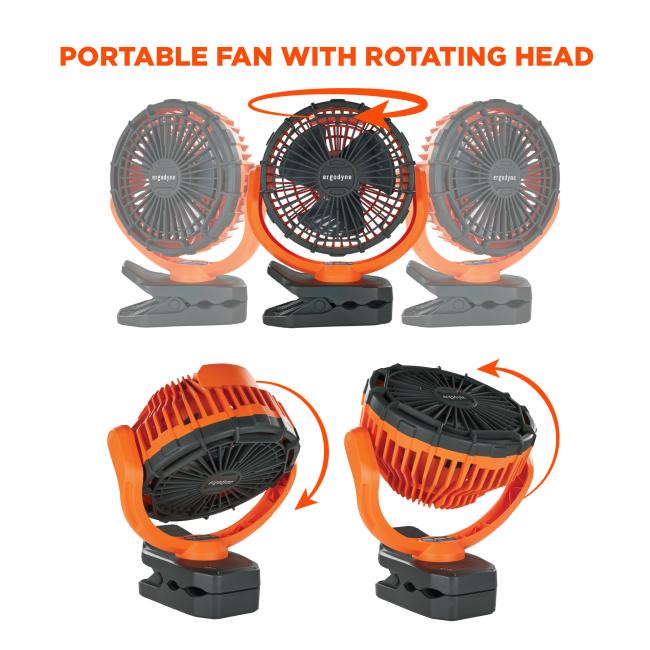 Portable fan with rotating head. Image shows options for rotating fan. 