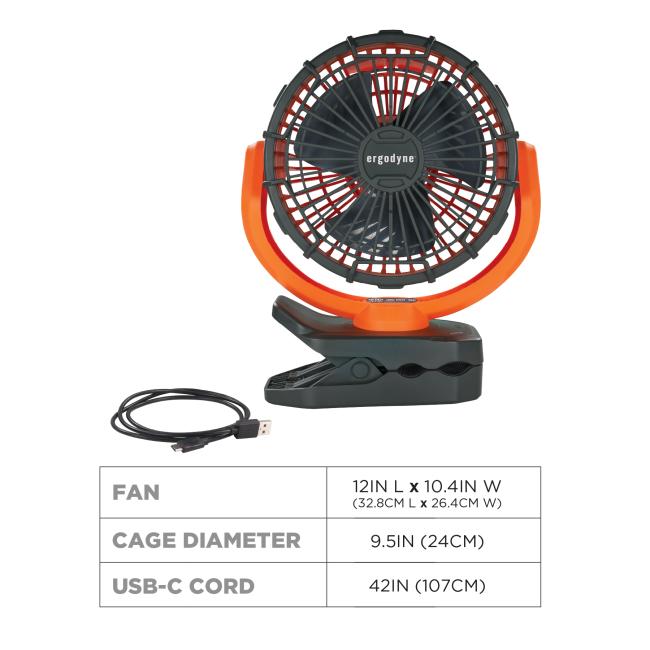 Fan is 12in L x 10.4in W (32.8cm L x 26.4cm W). Cage diameter is 9.5in (24cm). USB-C cord is 42in (107cm) long.