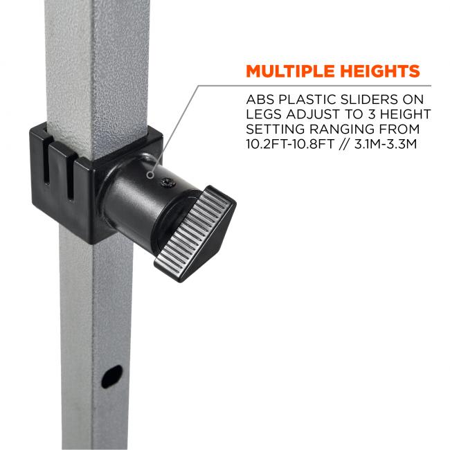 Multiple heights: ABS plastic sliders on legs adjust to 3 height settings ranging from 10.2ft-10.8ft // 3.1m-3.3m