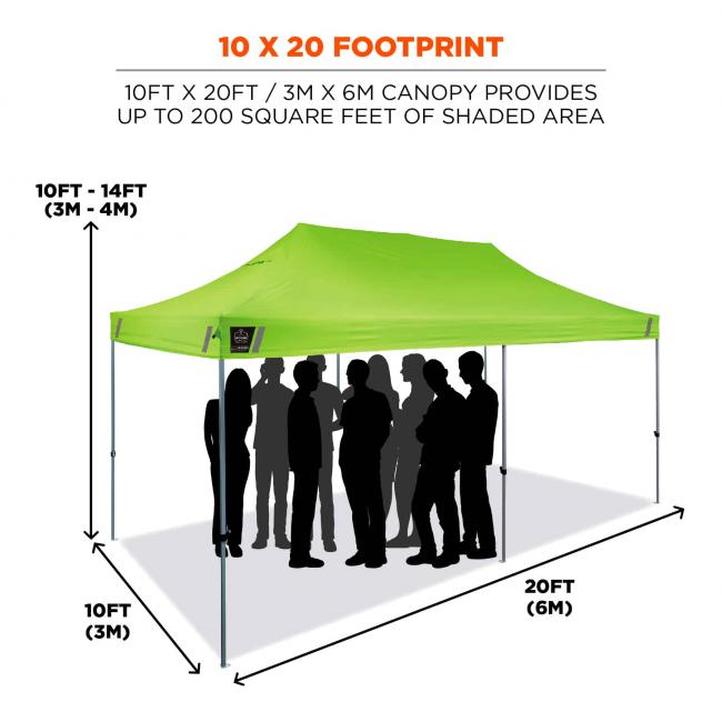 10 x 20 footprint: 10ft x 20ft / 3m x 6m canopy provides up to 200 square feet of shaded area. Diagram shows dimensions and silhouettes standing under tent.