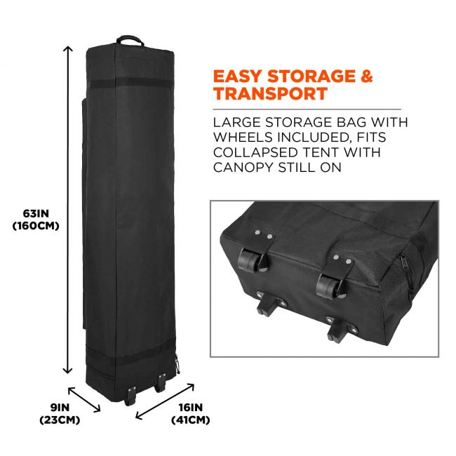 Easy storage and transport: large storage bag with wheels included, fits collapsed tent with canopy still on. Diagram of bag shows dimensions are 63in x 9in x16in (160cm x 23cm x 41cm)