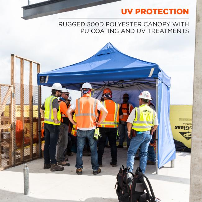 UV protection: rugged 300D polyester canopy with PU coating and UV treatments. Image shows worker resting in the shade. 