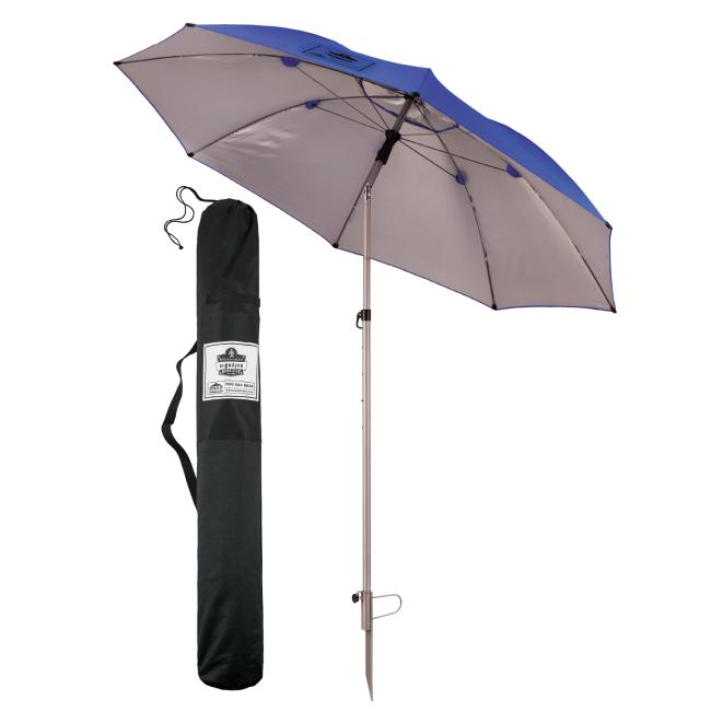 Lightweight work umbrella with stand and bag.