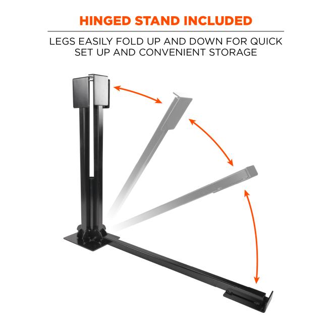 Hinged stand included. Legs easily fold up and down for quick set up and convenient storage