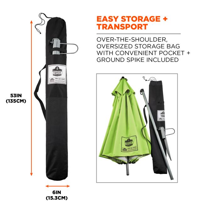 Easy storage & transport: over-the-shoulder oversized storage bag with convenient pocket and ground spike included. Image shows dimension of bag which are 4in x 8in x 53in (10cm x 20cm x 135cm)