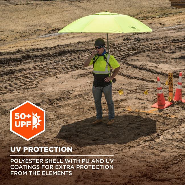 UV protection: polyester shell with PU and UV coatings for extra protection from the elements. Image shows worker resting in shade, 50+ UPF.