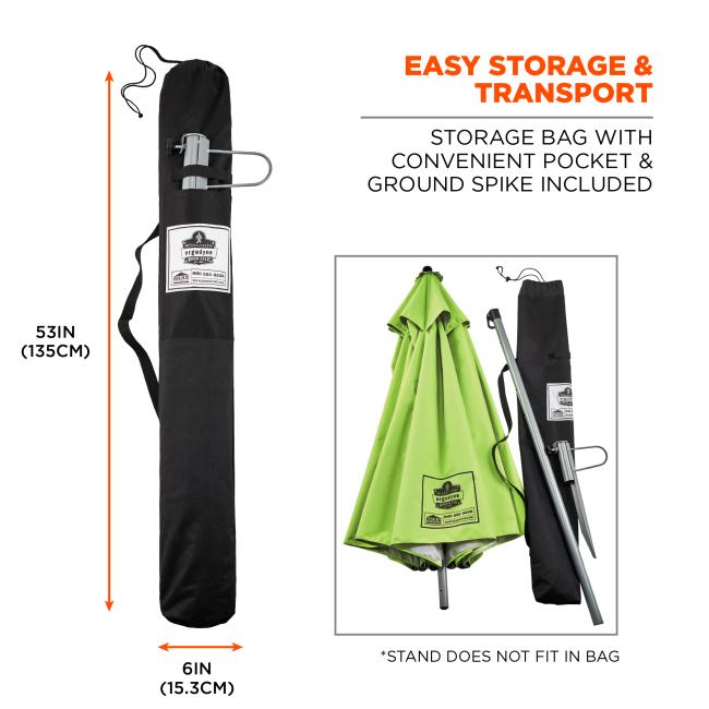 Easy transport and storage. Storage bag with convenient pocket and ground spike included. Bag is 53 inches ling, stand does not fit in bag.