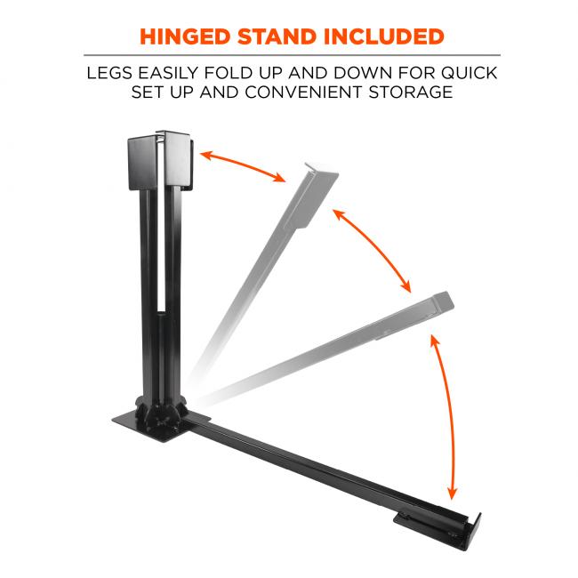 Hinged stand included. Legs easily fold up and down for quick set up and convenient storage.