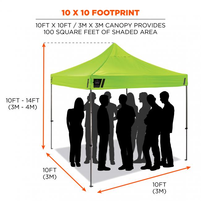 ten by ten footprint. 10 by 10 feet canopy provides one hundred square feet of shaded area.