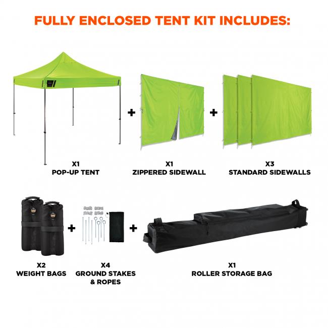 Fully enclosed tent kit includes a popup tent, one zippered sidewall, three standard sidewalls, two weight bags four ground stakes and rope and one roller storage bag.