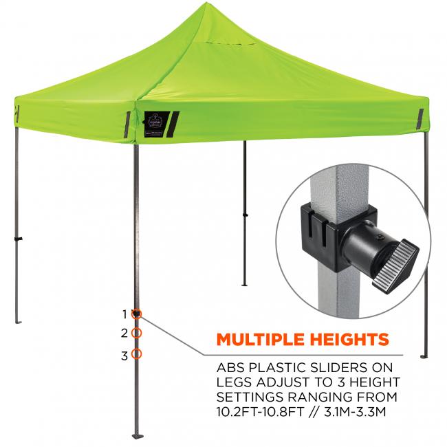 Multiple heights. ABS plastic sliders on legs adjust to three height settings ranging from 10.2 feet to 10.8 feet