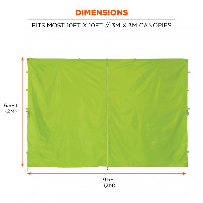 Dimensions. fits most 10 by 10 ft canopies. 6.5 by 9.5 feet