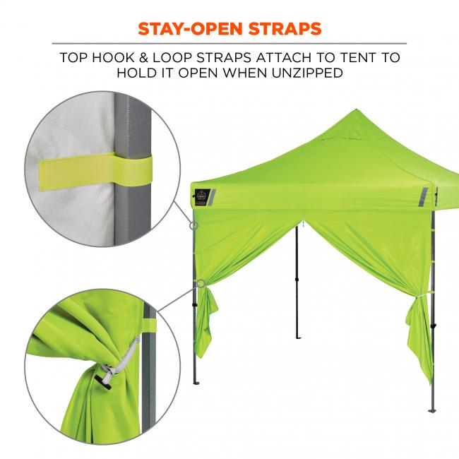 Stay open straps. Top hook and loop straps attach to tent to hold it open when unzipped.