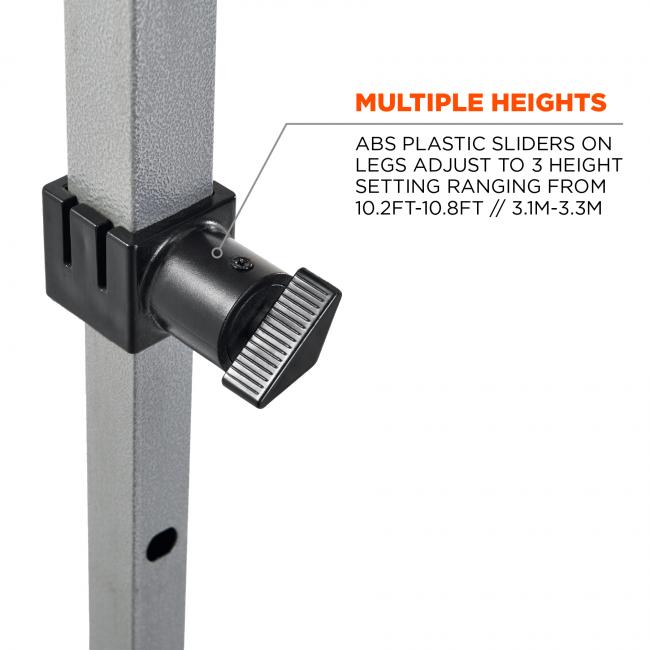 Multiple heights: ABS plastic sliders on legs adjust to 3 height settings ranging from 10.2ft-10.8ft // 3.1m-3.3m.