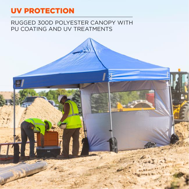 UV protection: rugged 300D polyester canopy with PU coating and UV treatments. Image shows worker resting in the shade. 