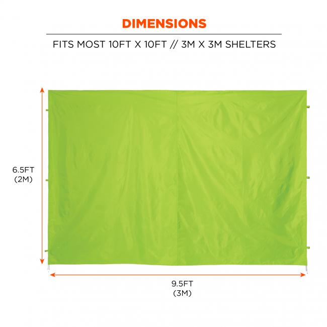 Dimensions; fits most 10 by 10 foot shelters. 6.5 feet by 9.5 feet.