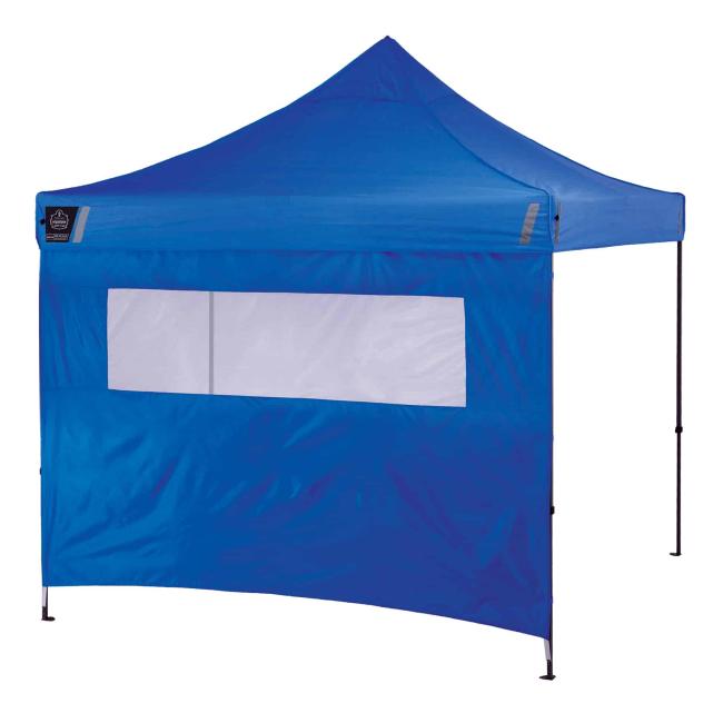 Blue tent sidewall attached to tent