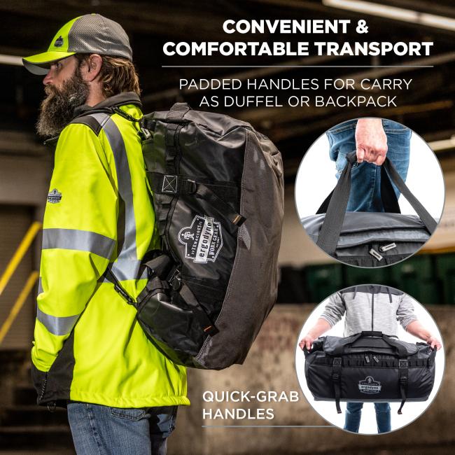 Convenient & comfortable transport: padded handles for carrying as duffel or backpack. Quick-grab handles.