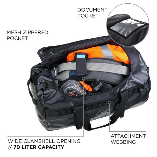 Mesh zippered pocket. Document pocket. Attachment webbing. Wide clamshell opening // 174 liter capacity.