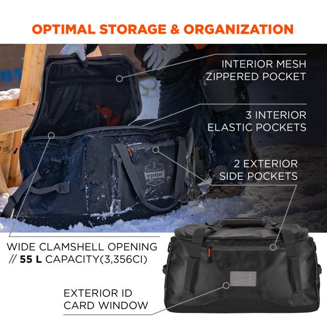 Optimal storage and organization. Interior mesh zippered pocket. 3 interior elastic pockets. 2 exterior side pockets. Wide clamshell opening. 55L capacity (3,356ci). Exterior ID card window.